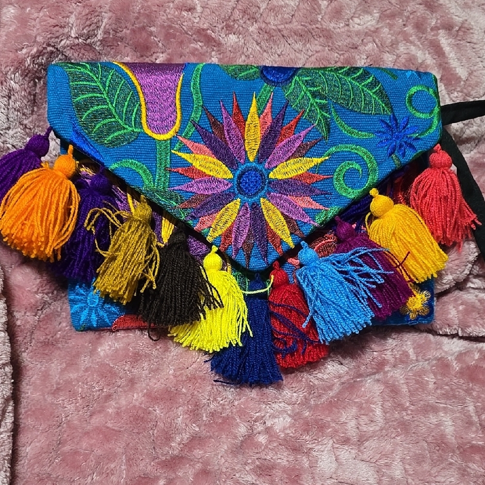 Blue and Purple Embroidered Clutch with Fringe